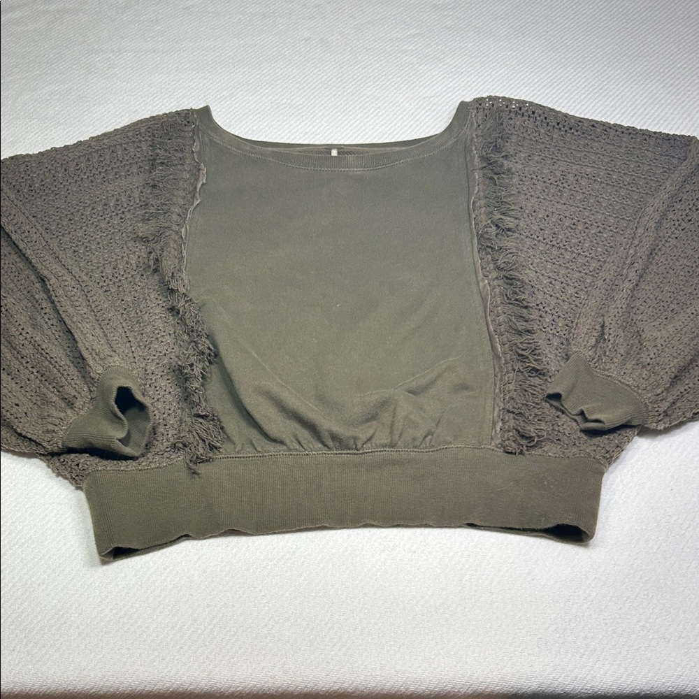 Free People Olive Green Knit Fringe Pullover